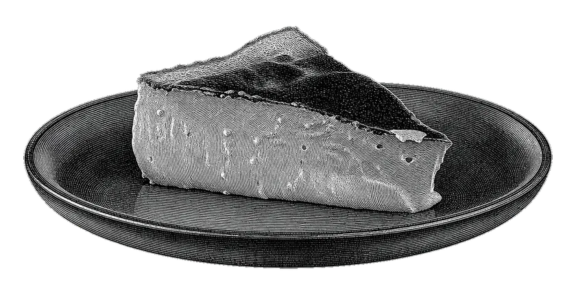 Etched illustration of a Basque burnt cheesecake on parchment paper